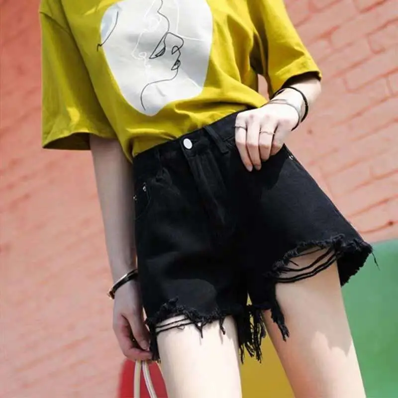 Women Black Ripped High Waist Shorts 2020 - Image 3