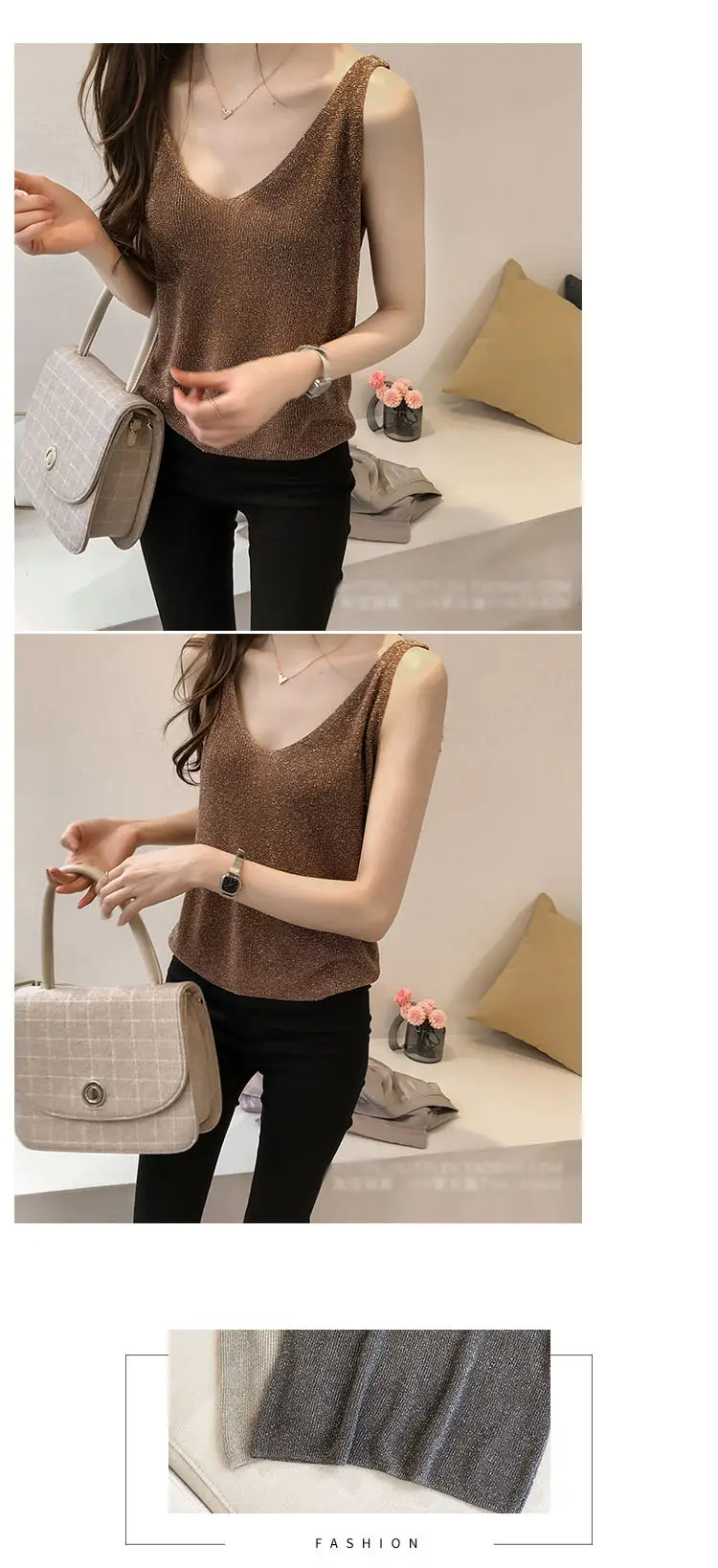 Women Silk V-Neck Camisole Set Brown — feature 6