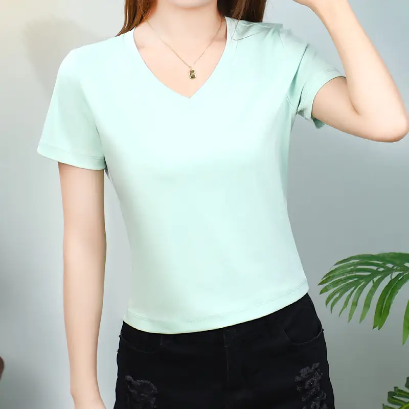 Women Mercerized Cotton V-Neck T-Shirt Light Green - Image 10
