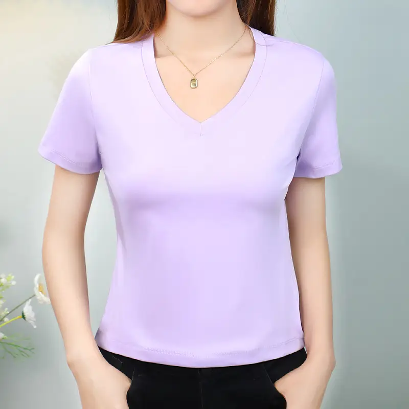 Women Mercerized Cotton V-Neck T-Shirt Light Green - Image 12