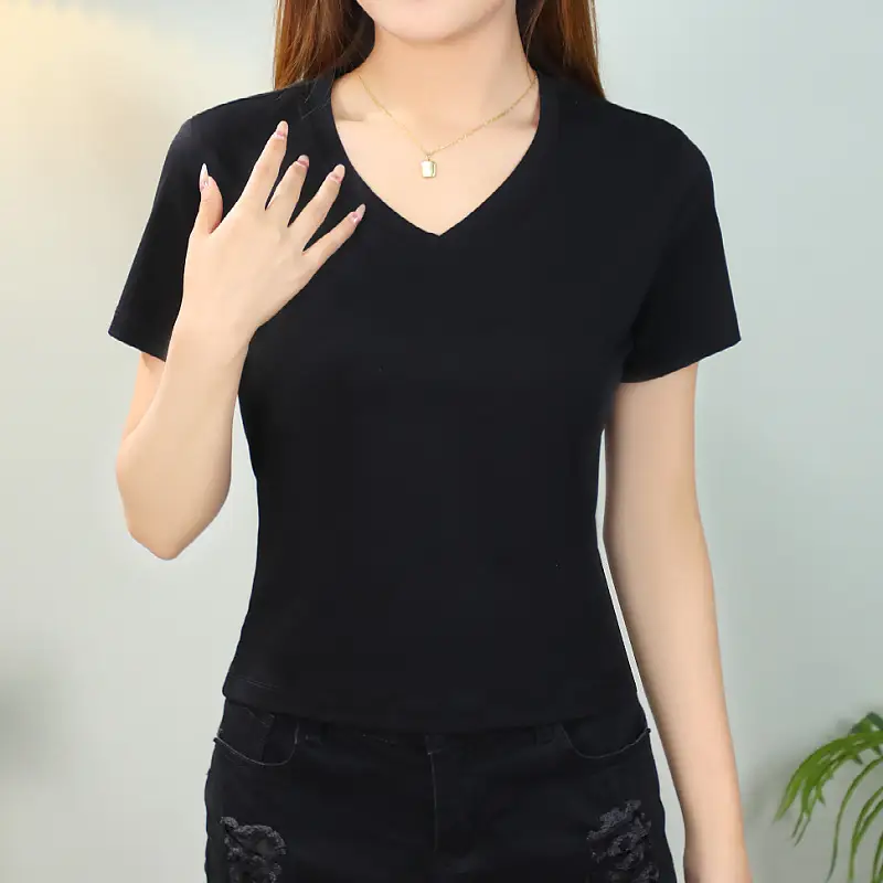 Women Mercerized Cotton V-Neck T-Shirt Light Green - Image 4