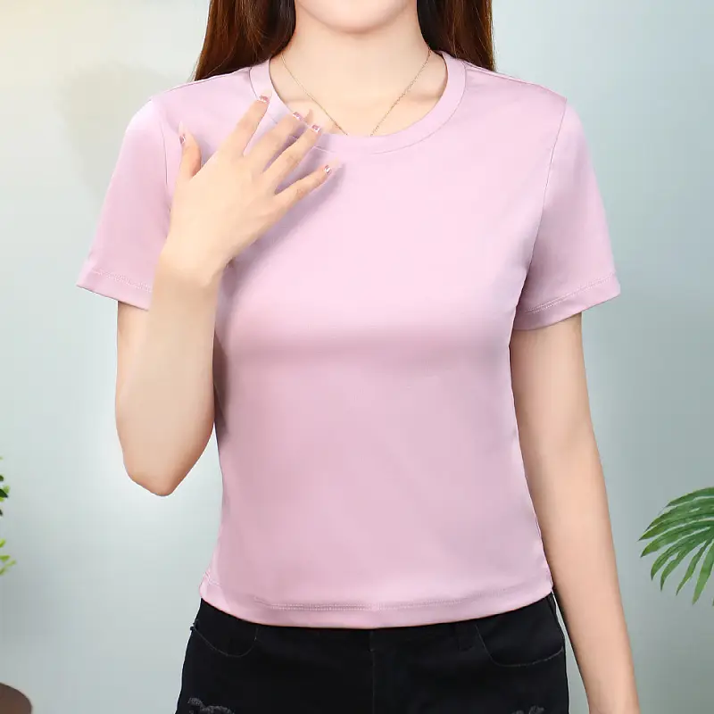 Women Mercerized Cotton V-Neck T-Shirt Light Green - Image 5