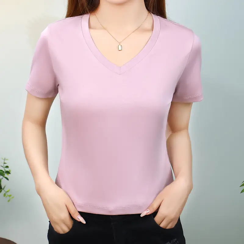 Women Mercerized Cotton V-Neck T-Shirt Light Green - Image 6