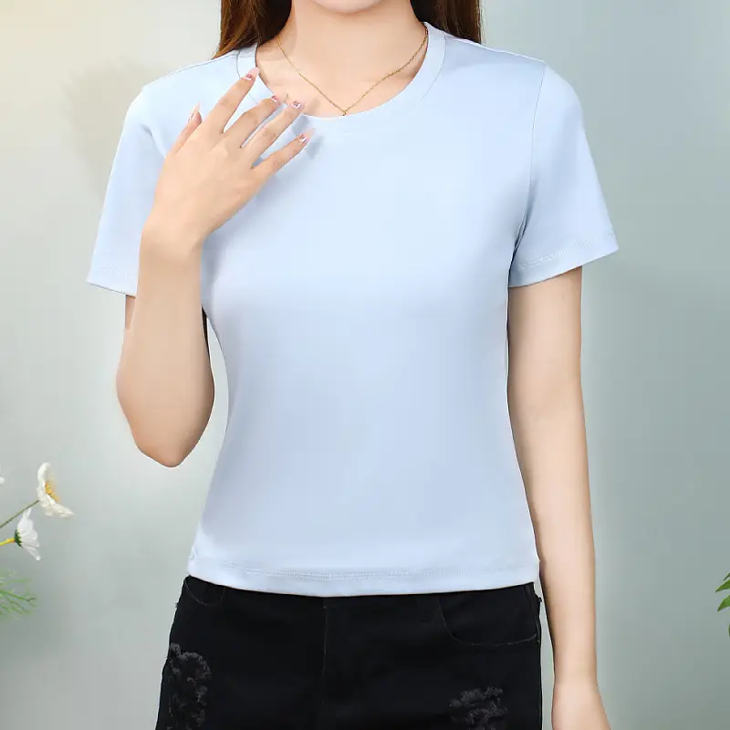 Women Mercerized Cotton V-Neck T-Shirt Light Green - Image 7