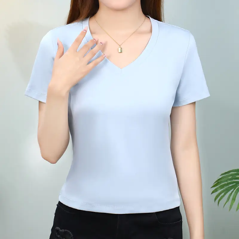 Women Mercerized Cotton V-Neck T-Shirt Light Green - Image 8