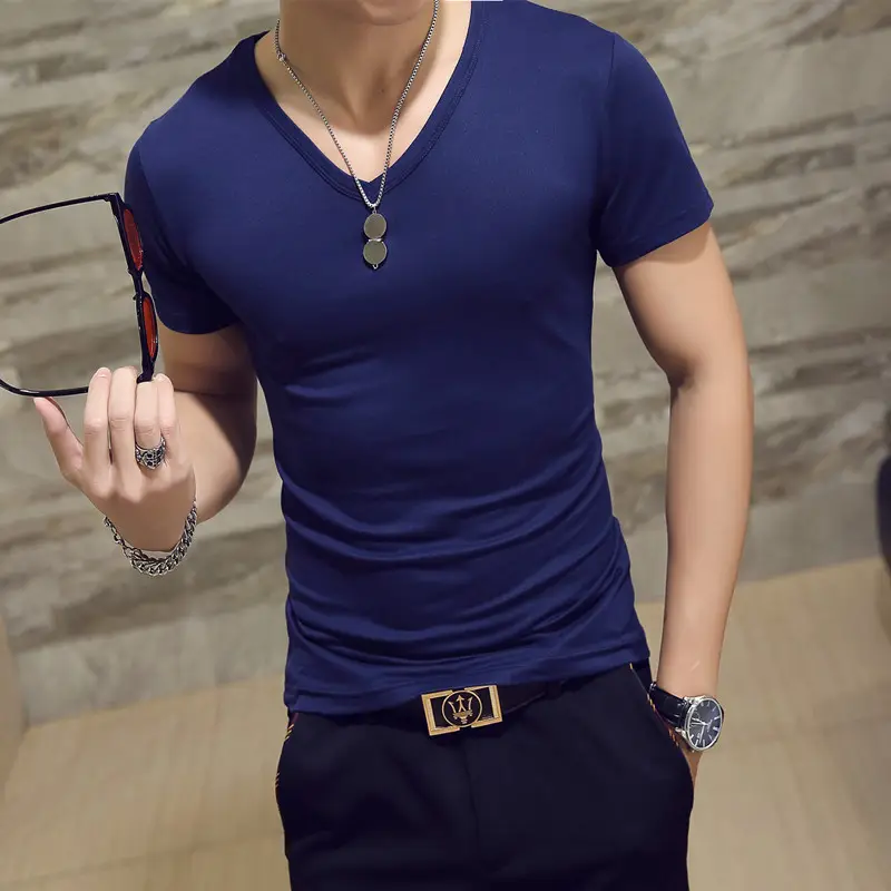 Men Korean V Collar Slim Fit T-Shirt White - Image 6