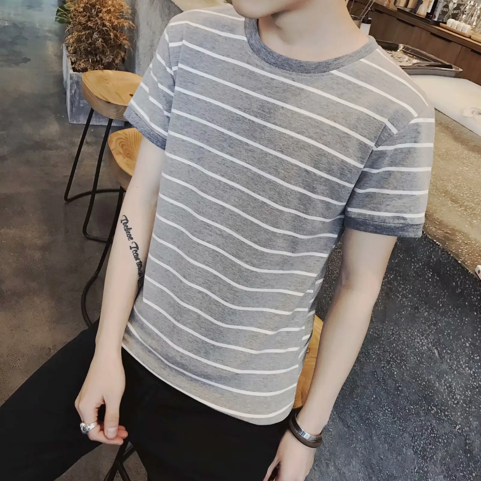 Men Striped T-Shirt Grey White Casual Fit - Image 5