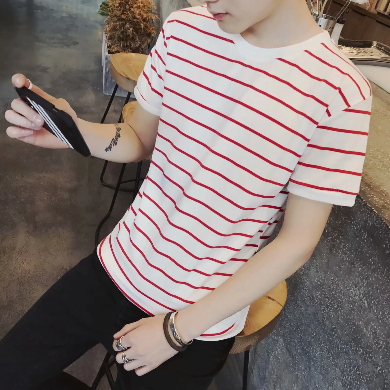 Men Striped T-Shirt Grey White Casual Fit - Image 6
