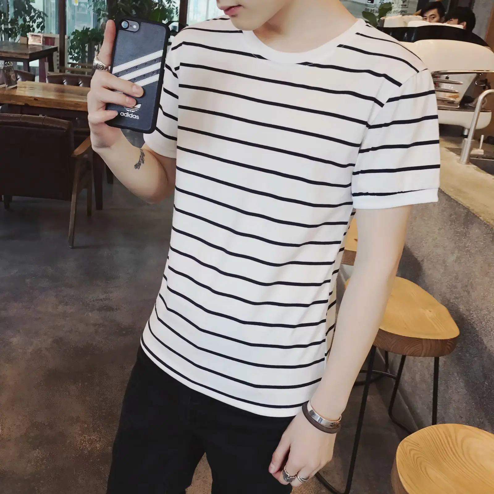 Men Striped T-Shirt Grey White Casual Fit - Image 7