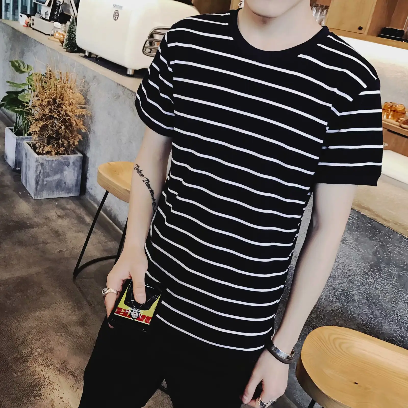 Men Striped T-Shirt Grey White Casual Fit - Image 8