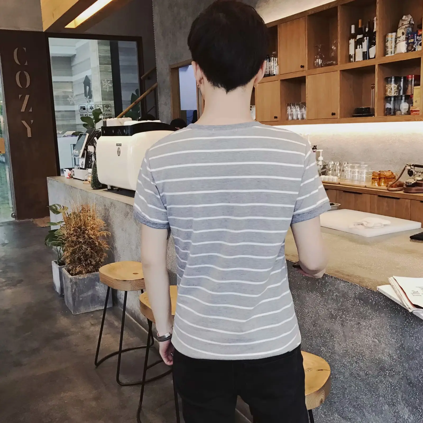 Men Striped T-Shirt Grey White Casual Fit - Image 9