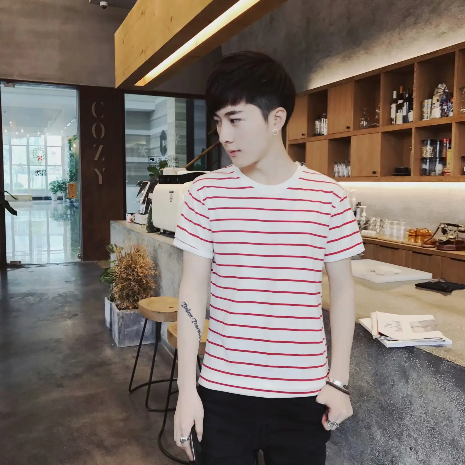 Men Striped T-Shirt Grey White Casual Fit - Image 2