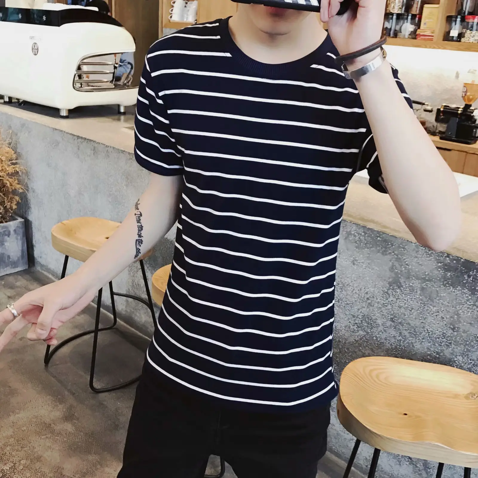 Men Striped T-Shirt Grey White Casual Fit - Image 4