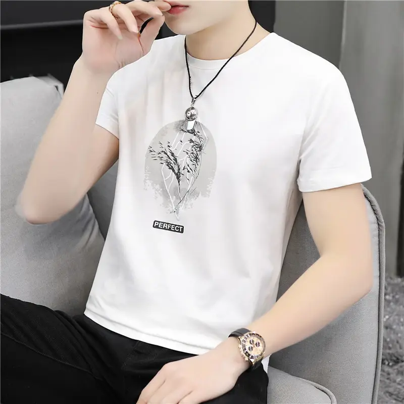 Men Cotton Heart Print T-Shirt White Short Sleeve - Image 7