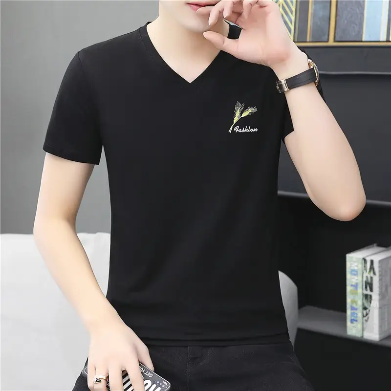Men V-Neck Cotton T-Shirt White Black Gray - Image 6