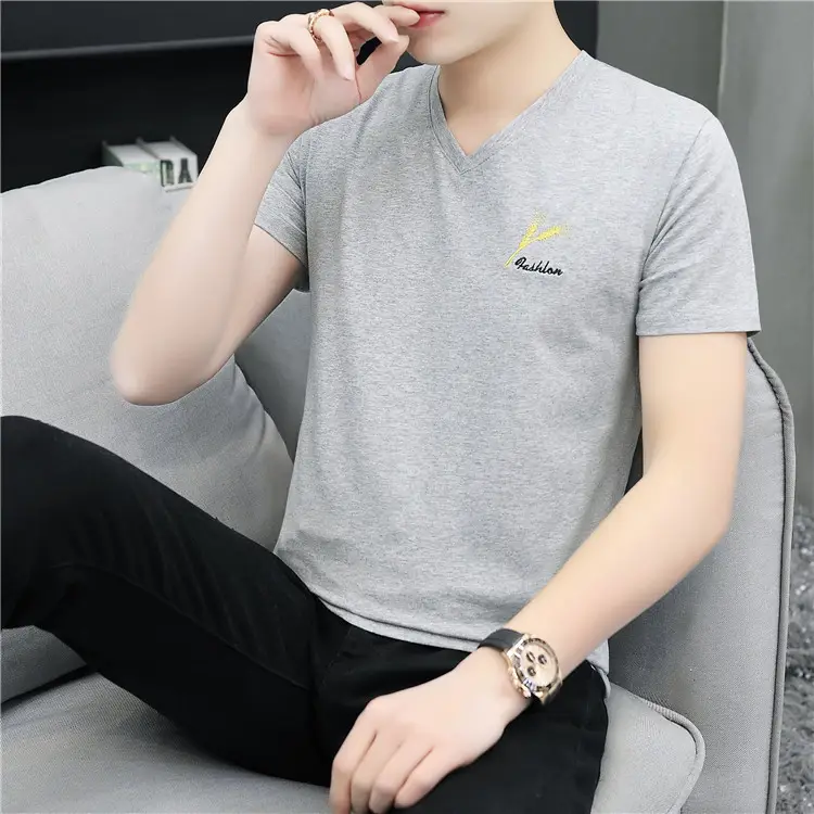 Men V-Neck Cotton T-Shirt White Black Gray - Image 8