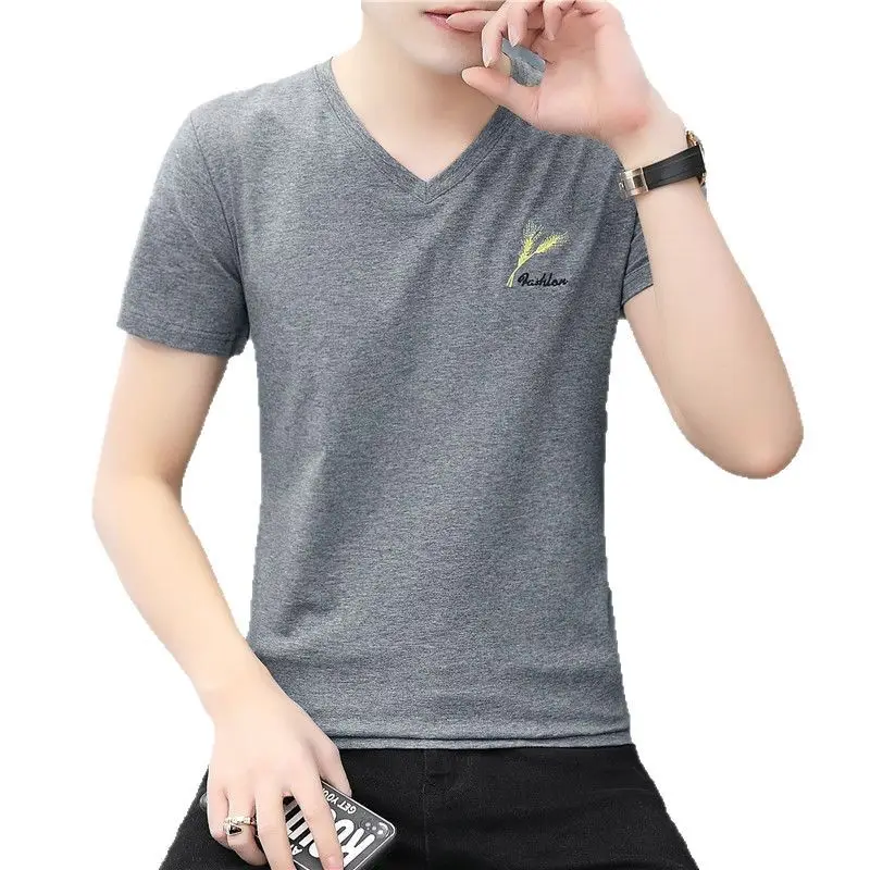 Men V-Neck Cotton T-Shirt White Black Gray - Image 9