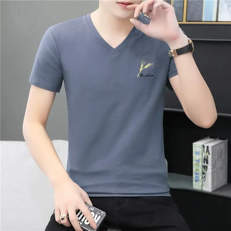 Men V-Neck Cotton T-Shirt White Black Gray - Image 4