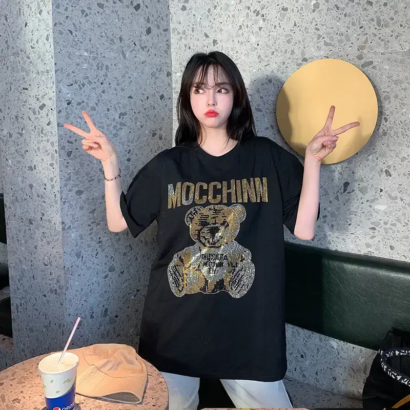 Women's Black Mocchin Bear Print T-Shirt Large - Image 2
