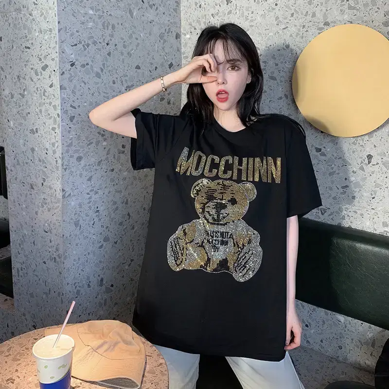Women's Black Mocchin Bear Print T-Shirt Large — feature 11