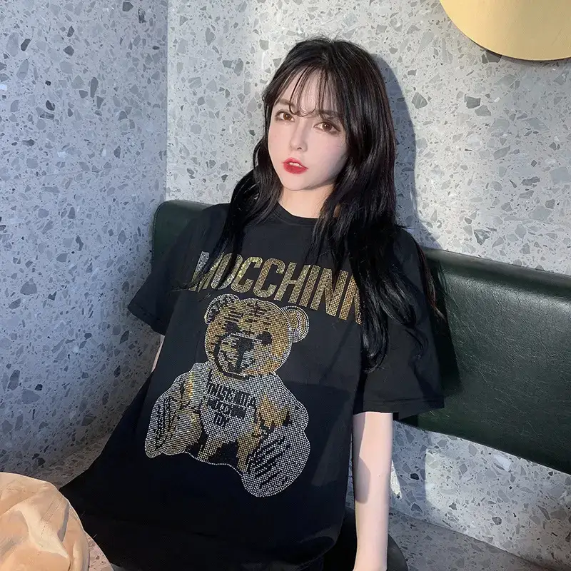 Women's Black Mocchin Bear Print T-Shirt Large — feature 16