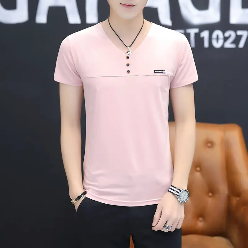 Men Cotton V Neck T-Shirt Light Blue Solid - Image 6