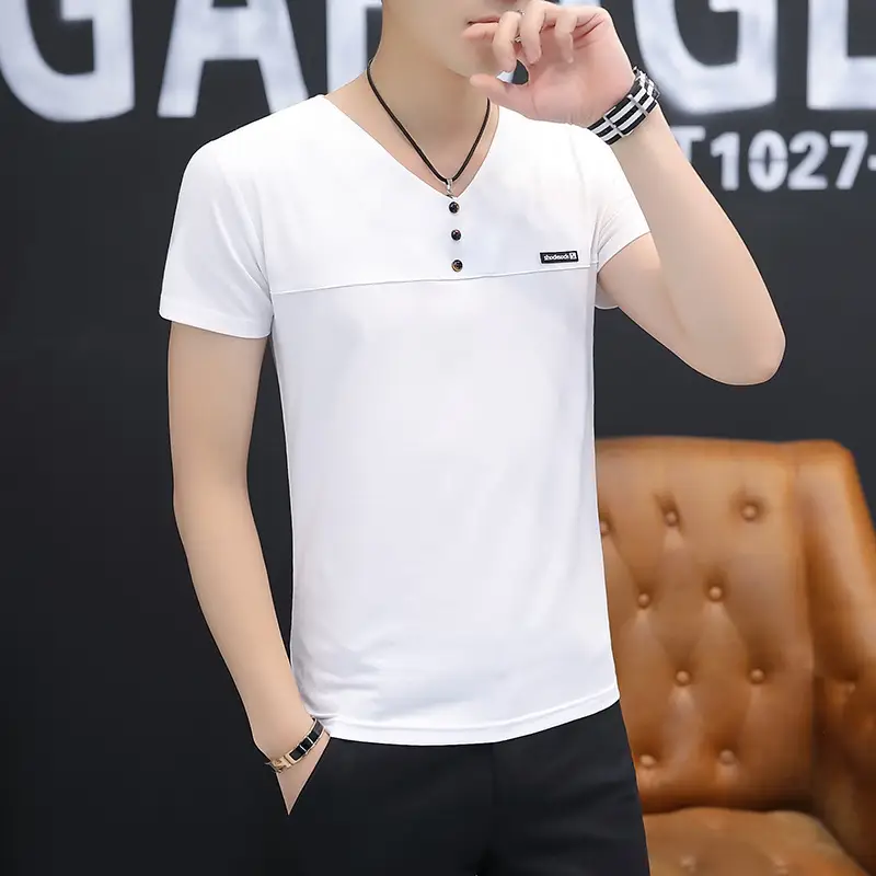 Men Cotton V Neck T-Shirt Light Blue Solid - Image 7