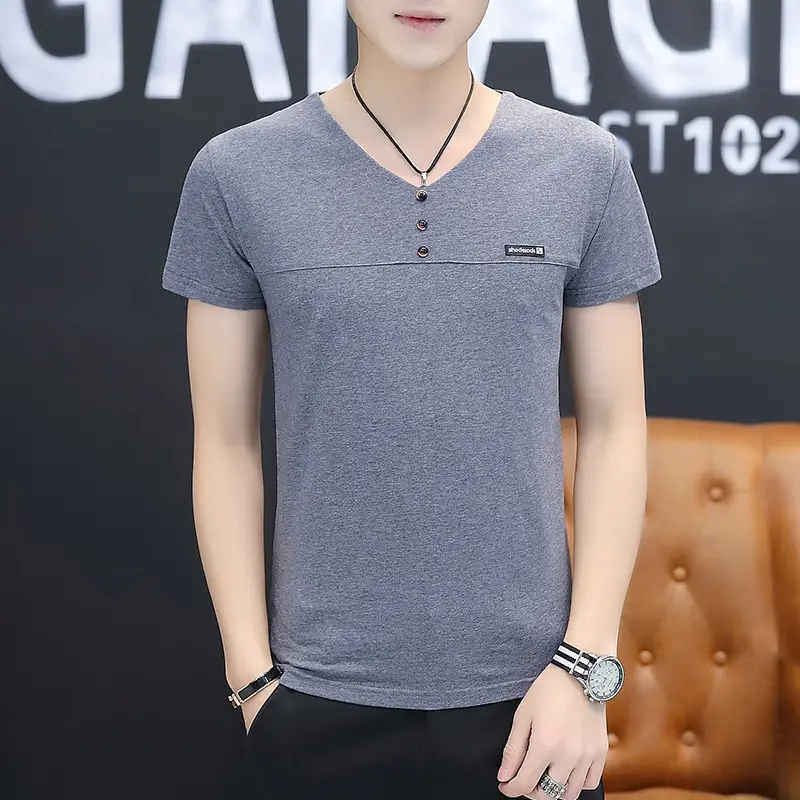 Men Cotton V Neck T-Shirt Light Blue Solid - Image 8