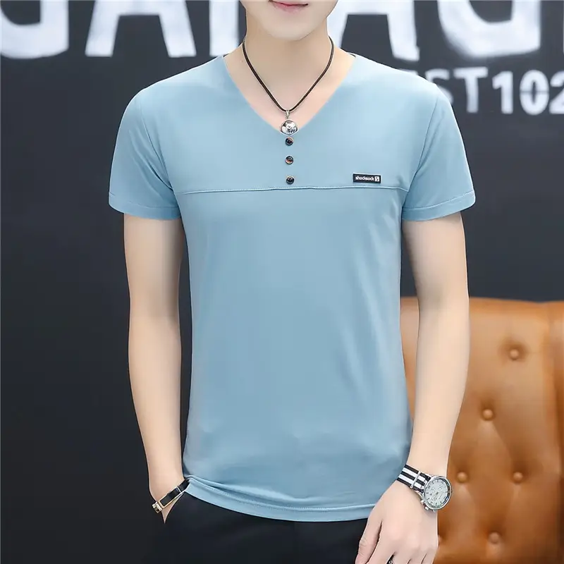 Men Cotton V Neck T-Shirt Light Blue Solid - Image 3