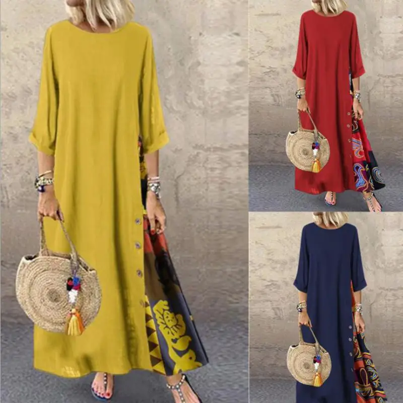 Women's Green Long Dress Seven-Sleeve Cotton Linen Loose Autumn Wear - Image 8