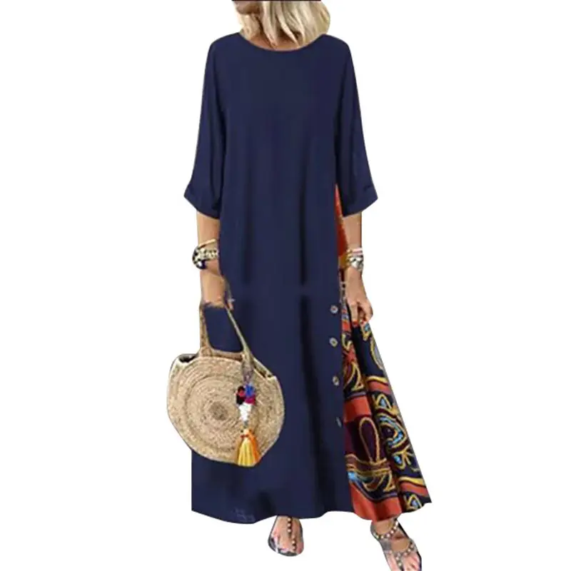 Women's Green Long Dress Seven-Sleeve Cotton Linen Loose Autumn Wear - Image 3