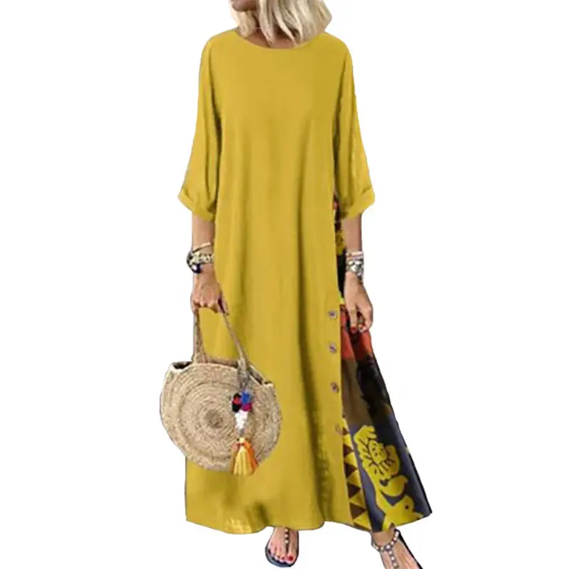 Women's Green Long Dress Seven-Sleeve Cotton Linen Loose Autumn Wear - Image 10