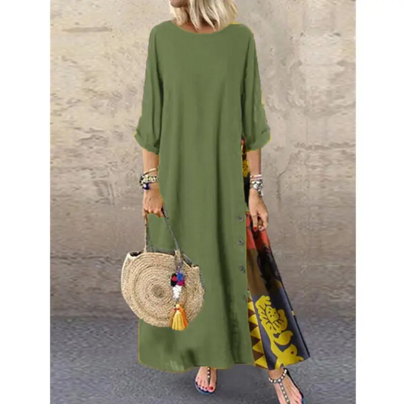 Women's Green Long Dress Seven-Sleeve Cotton Linen Loose Autumn Wear - Image 4