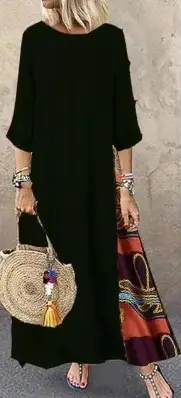 Women's Green Long Dress Seven-Sleeve Cotton Linen Loose Autumn Wear - Image 6