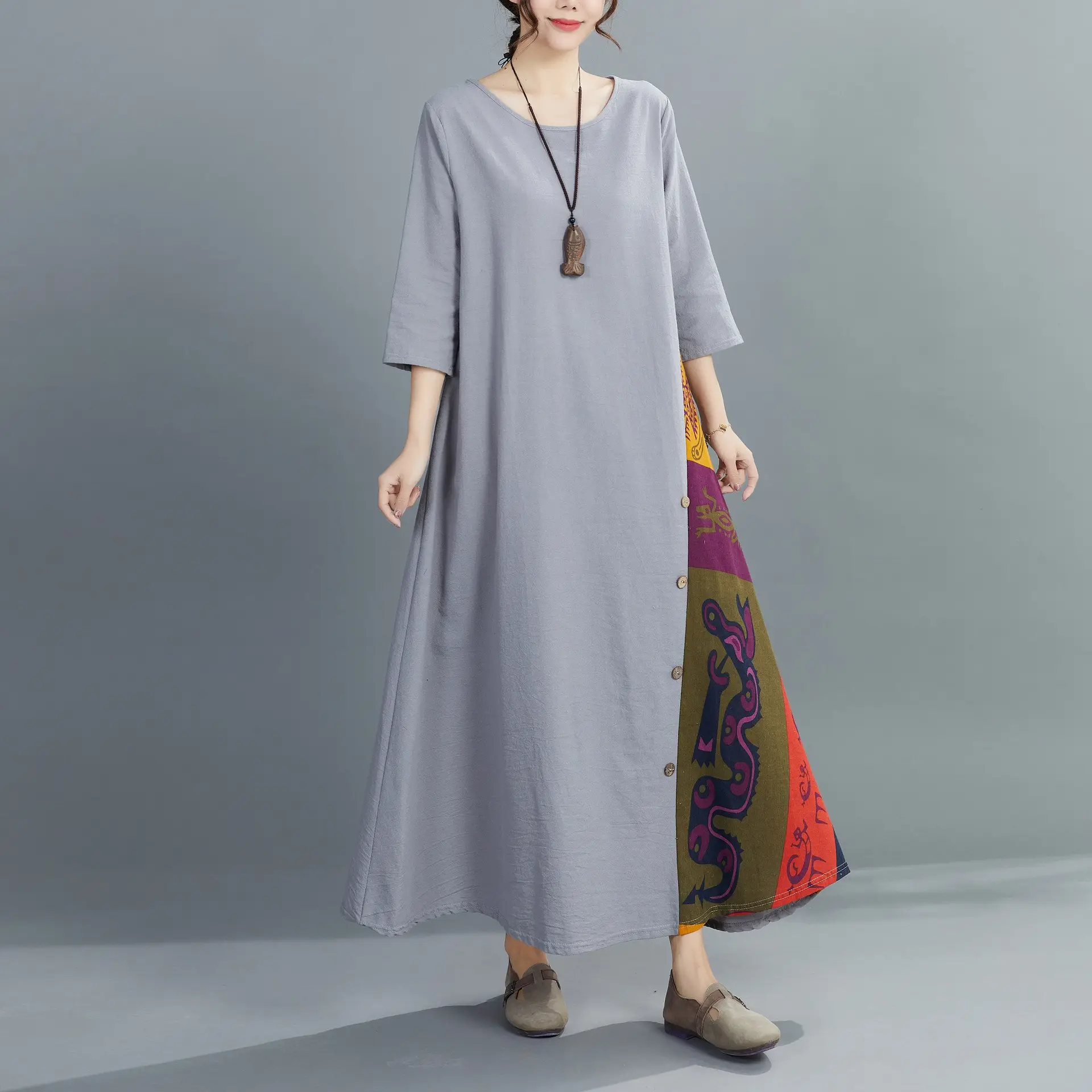 Women's Green Long Dress Seven-Sleeve Cotton Linen Loose Autumn Wear - Image 7