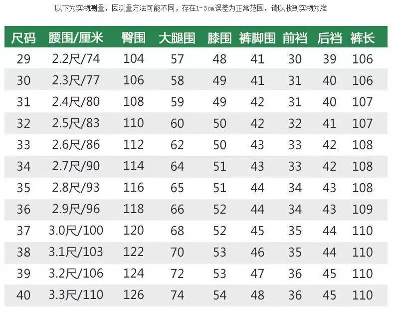 牛仔裤尺码表