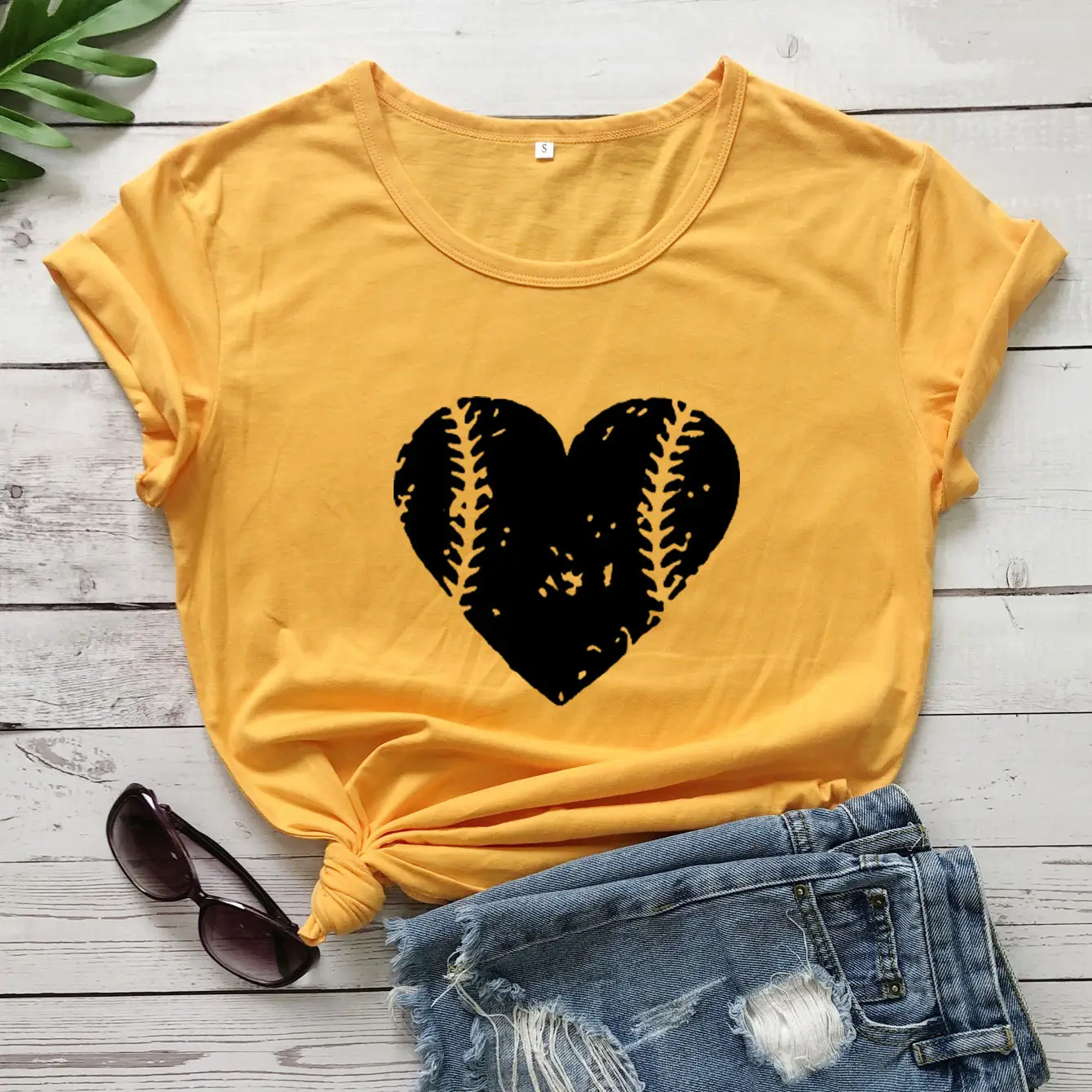 Yellow Baseball Heart T-Shirt for Women - Image 3