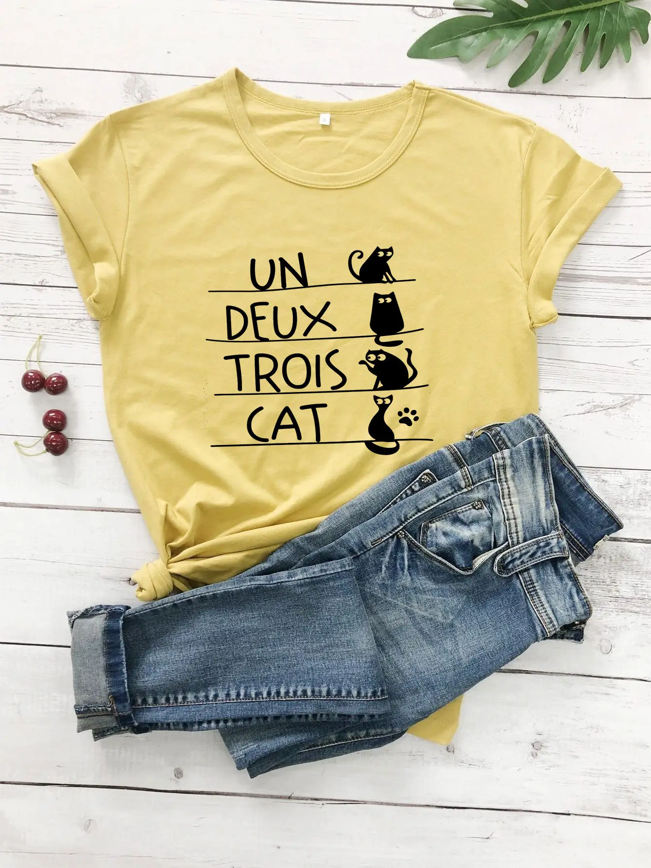 UN DEUX TROIS CAT Cat Print T-Shirt Yellow - Image 5