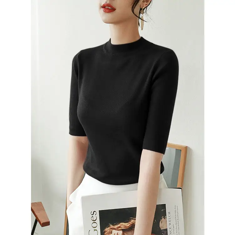Women's Black Slim Fit Half-Sleeve Sweater Top