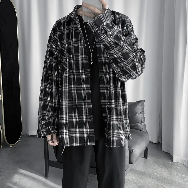 Men Long-sleeve Plaid Shirt Spring Summer Casual Wear - Image 8