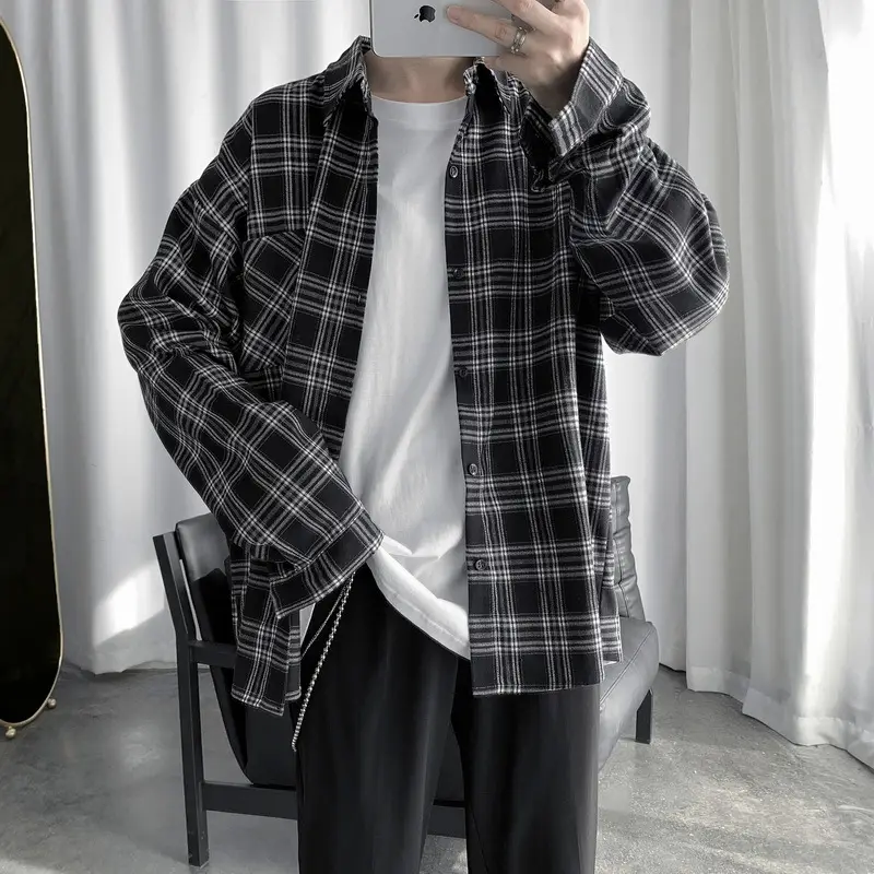 Men Long-sleeve Plaid Shirt Spring Summer Casual Wear - Image 9