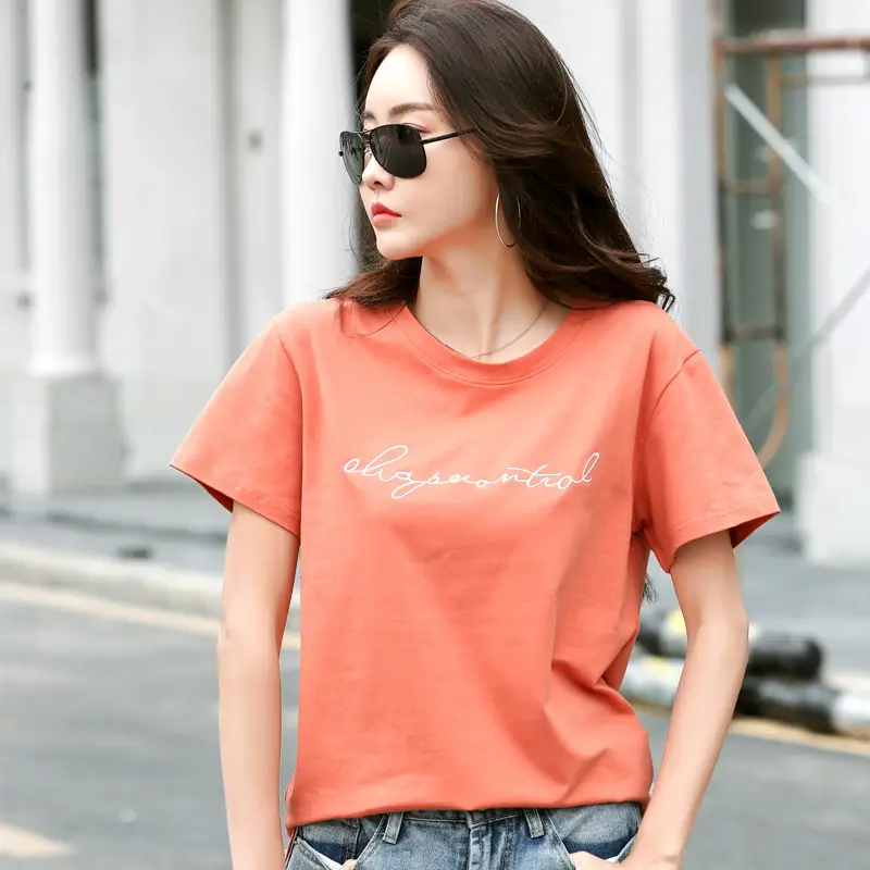 Women's Orange Letter Print T-Shirt Large Summer Wear - Image 6