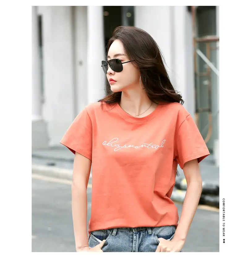Women's Orange Letter Print T-Shirt Large Summer Wear — feature 22