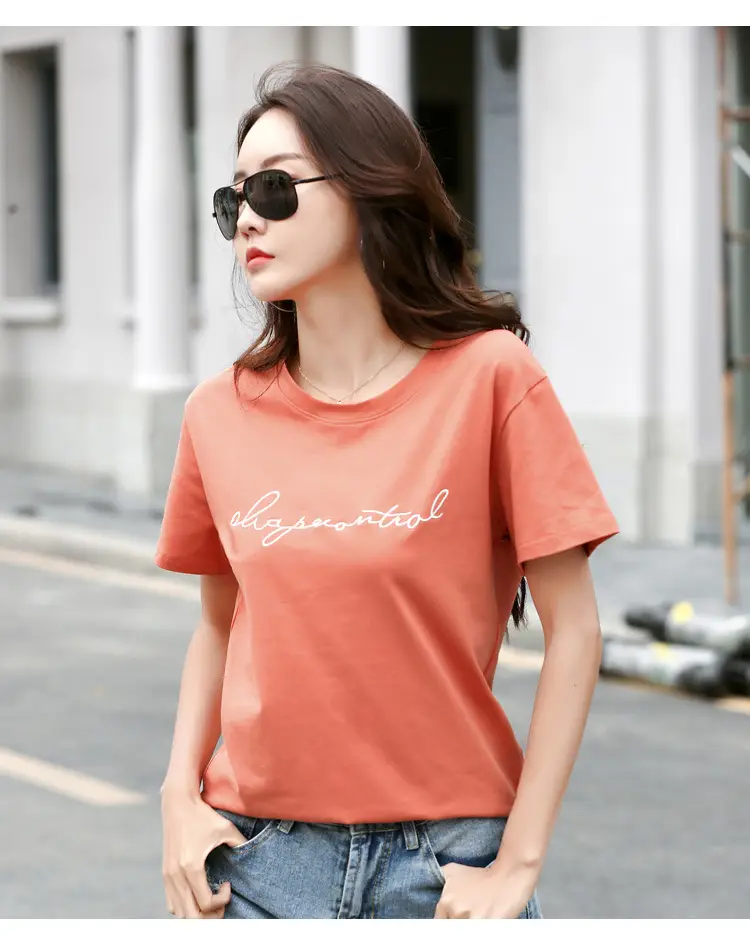 Women's Orange Letter Print T-Shirt Large Summer Wear — feature 23