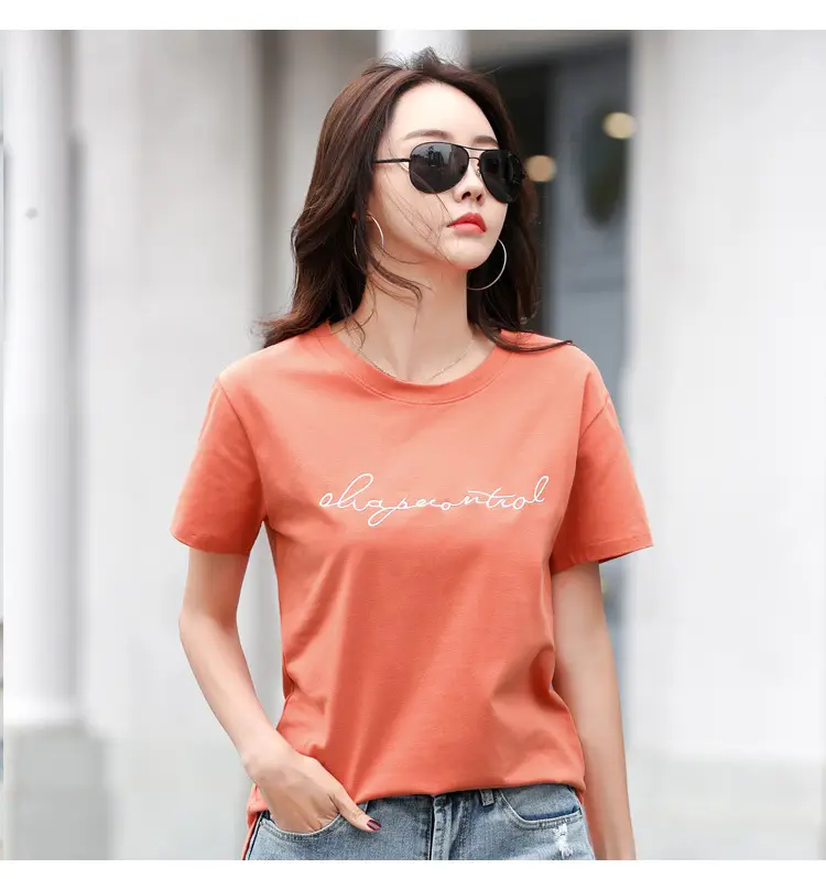 Women's Orange Letter Print T-Shirt Large Summer Wear — feature 24