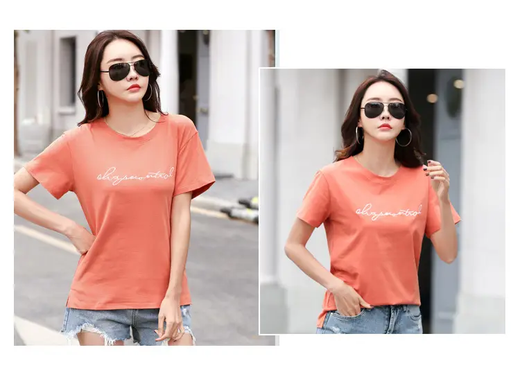 Women's Orange Letter Print T-Shirt Large Summer Wear — feature 25