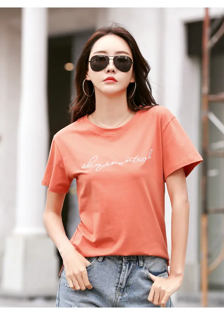 Women's Orange Letter Print T-Shirt Large Summer Wear — feature 26