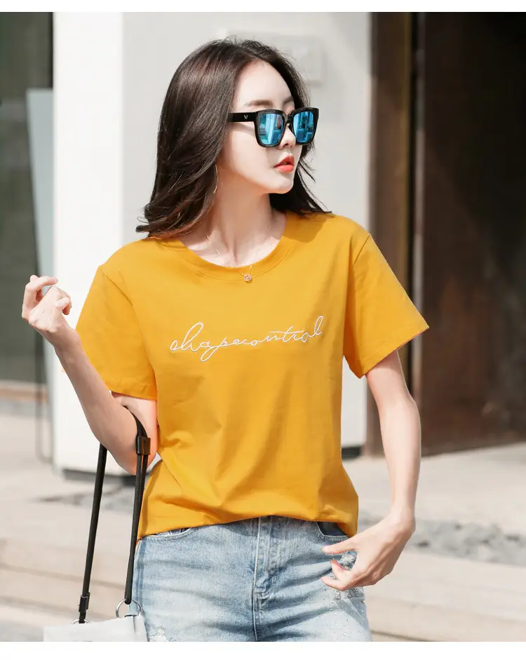Women's Orange Letter Print T-Shirt Large Summer Wear — feature 33