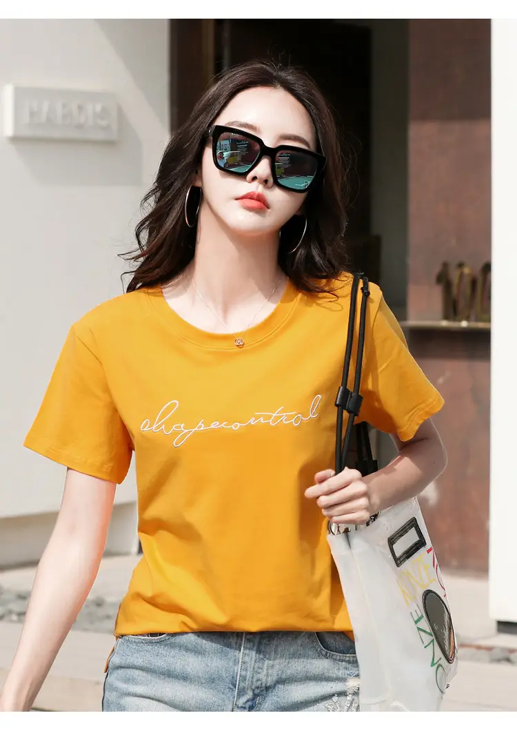Women's Orange Letter Print T-Shirt Large Summer Wear — feature 34