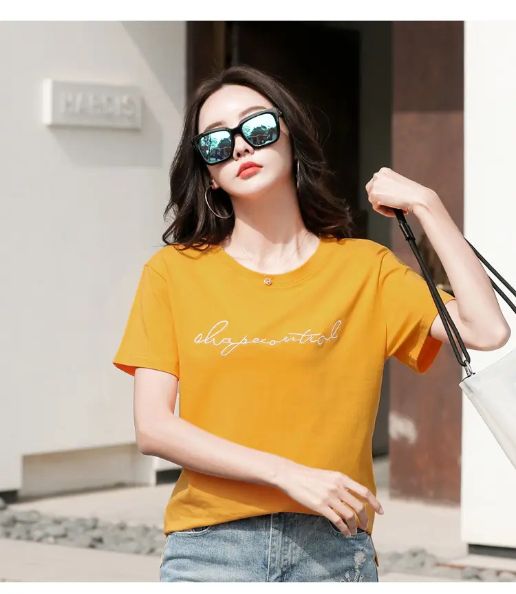 Women's Orange Letter Print T-Shirt Large Summer Wear — feature 36